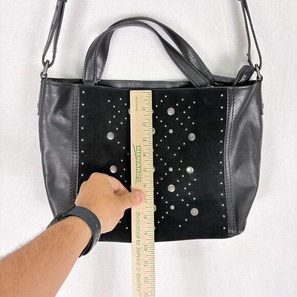 Lucky Brand Black Leather and Suede Studded Satchel Purse with Crossbody Strap - Picture 4 of 12